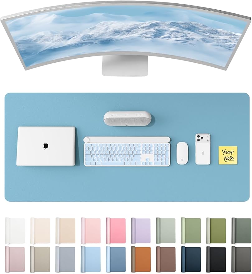 YSAGi Leather Desk Protector, Office Mat, Large Mouse Mat, Non-Slip PU Leather Blotter, Laptop Desk Mat, Waterproof Writing Pad for Office and Home (Sea Blue, 47" x 17")