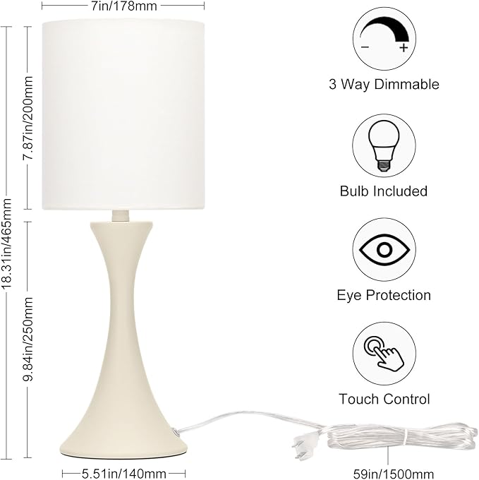 Seaside village Dimmable Bedside Lamp, 3 Way Touch Control Table Lamp, Modern Nightstand Lamp with Beige Shade and Cream Base, Small Desk Lamp for Living Room, Dorm, Home Office, 9W LED Bulb Included