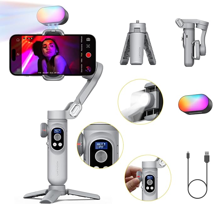 AOCHUAN iPhone Gimbal, 3-Axis Gimbal Stabilizer for Smartphone w/RGB Magnetic Fill Light Portable with Fous/Zoom Wheel for Vlog, Compatible with iPhone 15 Pro Max/Android-Smart X Pro Kit Gray