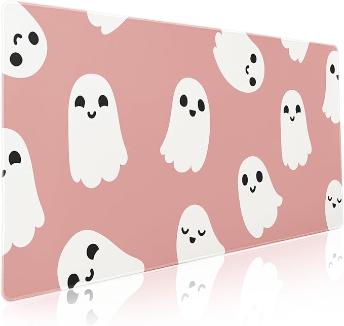 Halloween Cute Ghost Mouse Pad Kawaii Cartoon Spooky Funny Spirit Extended Desk Mat Non-Slip Rubber Base Stitched Edge Large XXL Pink White Mousepad for Gaming Laptop Computer Desktop 35.4×15.7 in