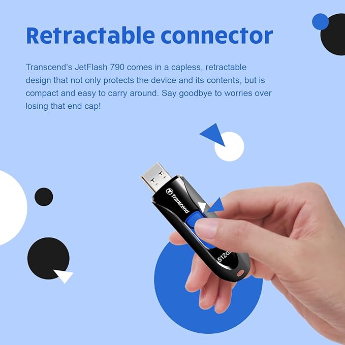 Transcend JF790 256GB USB Flash Drive, for PC/Mac/Laptop/Windows/Computer/Desktop/TV/Car Audio, USB3.2 Gen1 Memory Stick, Thumb Drives Data Storage w/Retractable Connector, USB2.0/3.0/3.1 Compatible