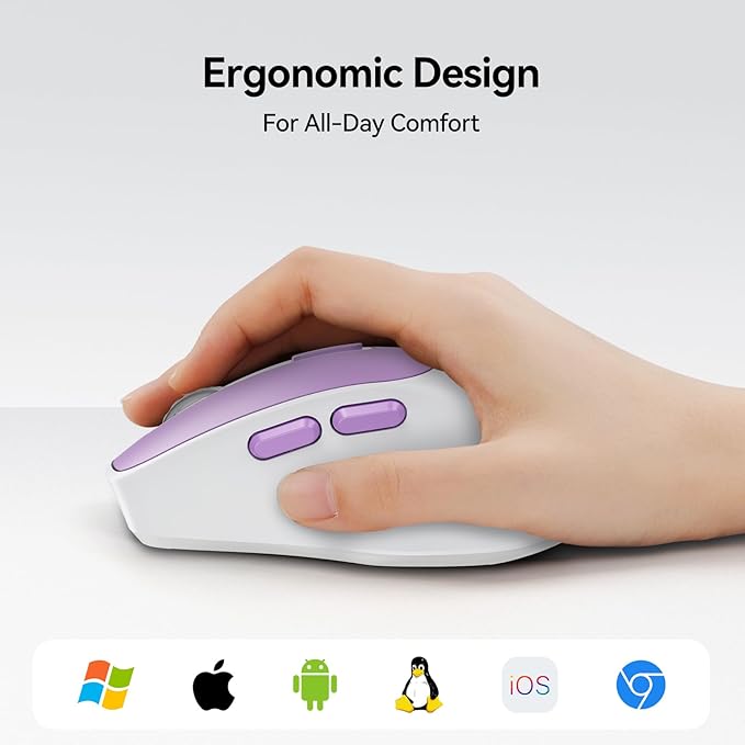 TECKNET 3-Device Wireless Mouse, Rechargeable Dual-Mode (2.4G & BT 5.0), Silent USB-A & Bluetooth Mouse, 6-DPI up to 4800, Wide Compatibility - Purple and White