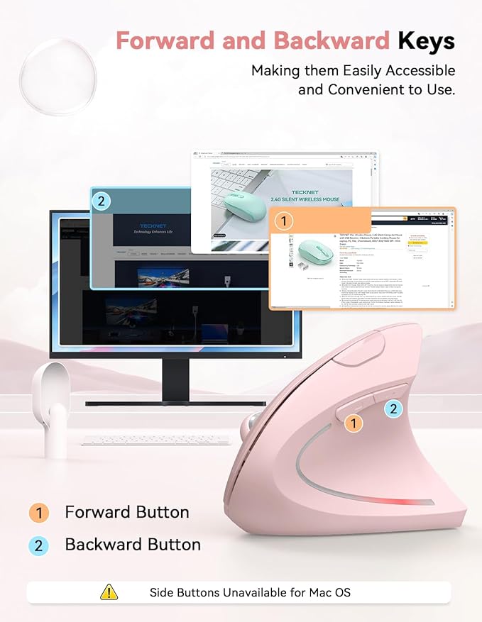 TECKNET Ergonomic Mouse, 4800 DPI Wireless Vertical Mouse with 5 Adjustable DPI Levels, 2.4GHz Optical Carpal Tunnel Mouse, 6 Buttons for Laptop, Desktop, PC, MacBook - Pink