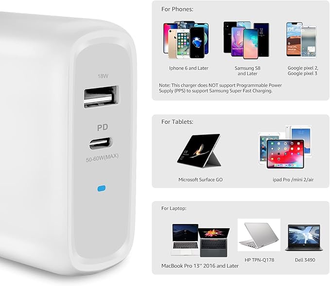 Amazon Basics 68W Two-Port GaN Wall Charger with 1 USB-C (60W) & 1 USB-A Ports (18W) with PD for Laptops, Tablets & Phones (iPhone 16/15/14/13/12/11/X, iPad, MacPro, Samsung, More), Non-PPS, White