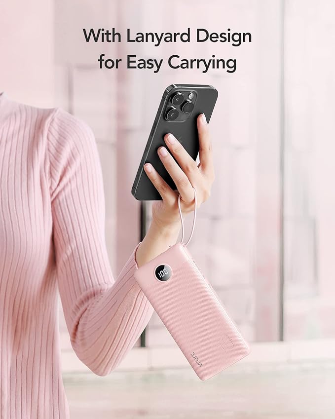 VRURC Portable Charger Power Bank, 10000mAh Travel Essentials Battery Pack, Compact USB C Charging Bank Built-in Cables Cords Compatible with iPhone 17 Pro 17 16 15 14 13,Samsung-Pink(1 Pack)