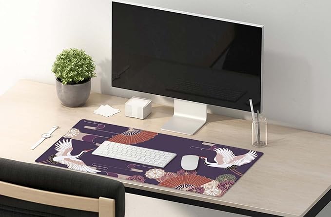 SSOIU Vintage Japanese Style Crane Birds Desk Mat, Purple, 35.5" x 15.7"