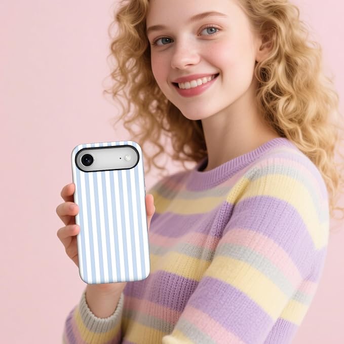 Magnetic for iPhone 17 Air Case Cute Stripes Phone Case, Shockproof Slim TPU and Hard PC Protective Phone Cover Compatible with MagSafe Designed for Women Girls, Blue and White