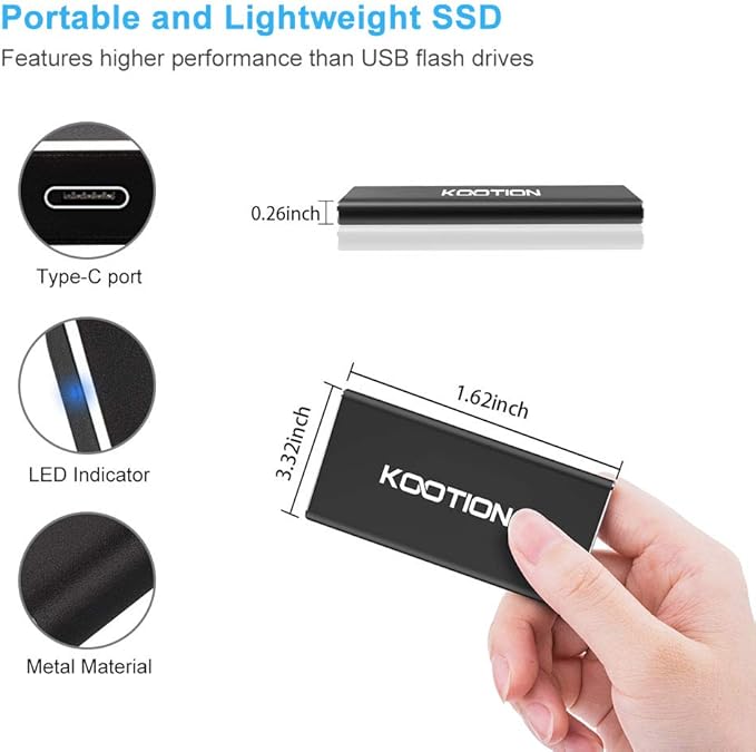 KOOTION External SSD 250GB Portable SSD High-Speed Solid State Drive, Read up to 500MB/s & Write up to 450MB/s