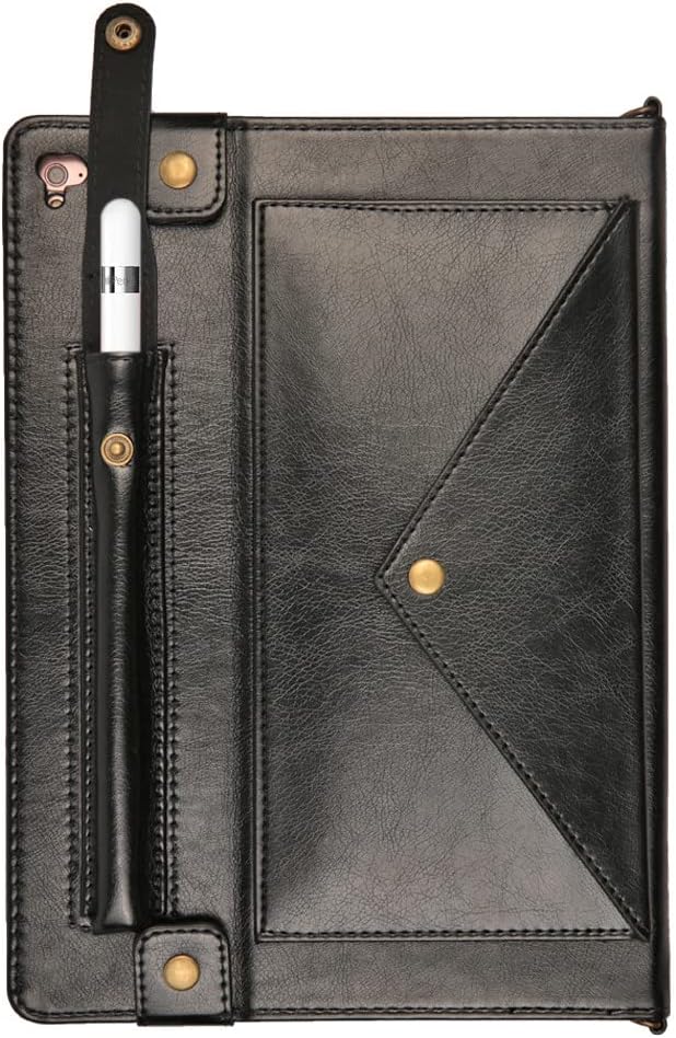 Handbag Case for Apple iPad 5/iPad 6 9.7", iPad Air 1st/2nd Generation Cases, Techcircle Folio Stand Crossbody Wallet Case with Pencil Holder, Hand Strap & Shoulder Strap Soft Protective Cover, Black