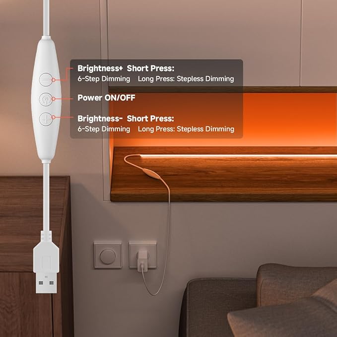 5V COB Orange Led Strip Light 6.56FT USB Powered CRI90+ LED Tape Lights with Dimmer, 8mm Width Dimmable High Density Flexible Strips for TV Under Cabinet Bedroom