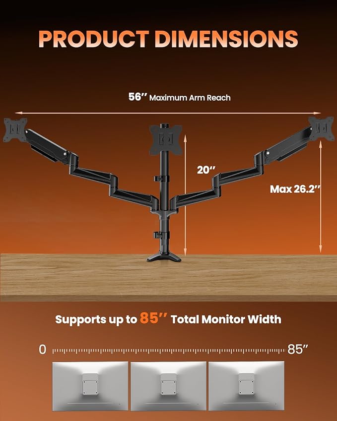 ErGear Triple Monitor Mount, Fully Adjustable Gaming 3 Monitor Desk Mount for 17 to 32 inch Computer Screens, Swivel, Tilt, Rotation, C-Clamp & Grommet Base