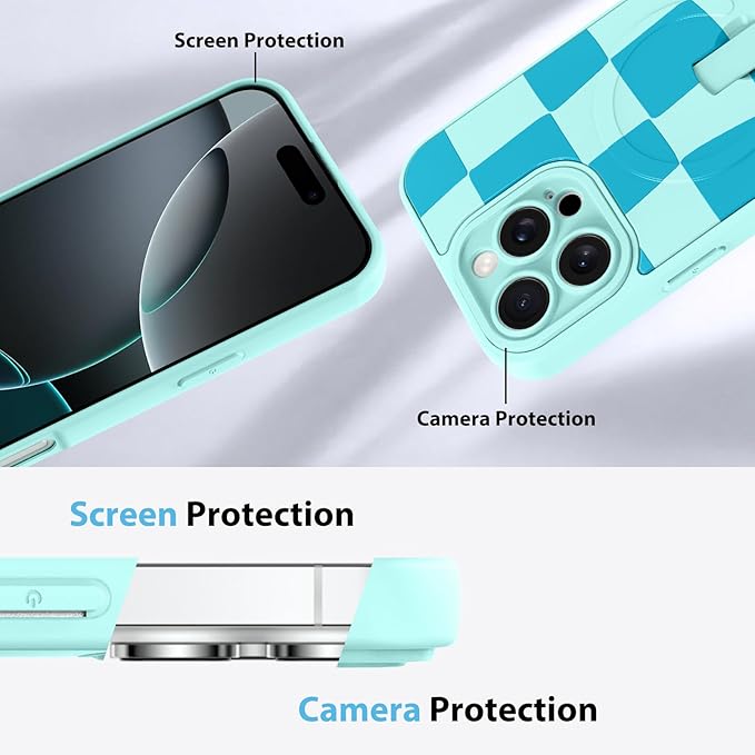 KANGHAR Compatible with iPhone 16 Pro Case, Support for MagSafe, Silicone Checkered Cute Pattern, Wristband Kickstand Camera Protection Soft Slim Cover for Girls Women -Blue