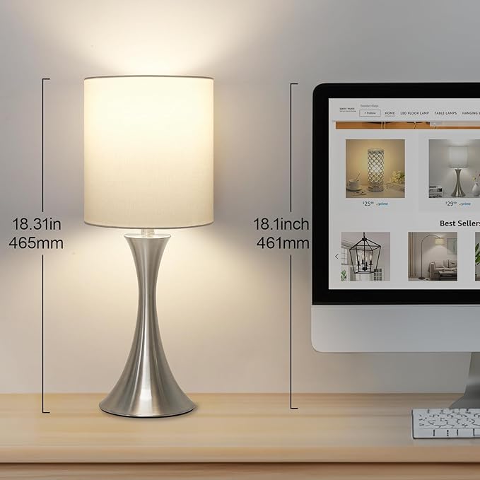 Touch Control Table Lamp, 3-Way Dimmable Bedside Lamp for Living Room, Modern Nightstand Lamp for Bedroom, Silver Table Lamp with White Shade, Desk Lamp for Dorm, Home, Office, 3000K LED Bulb Included
