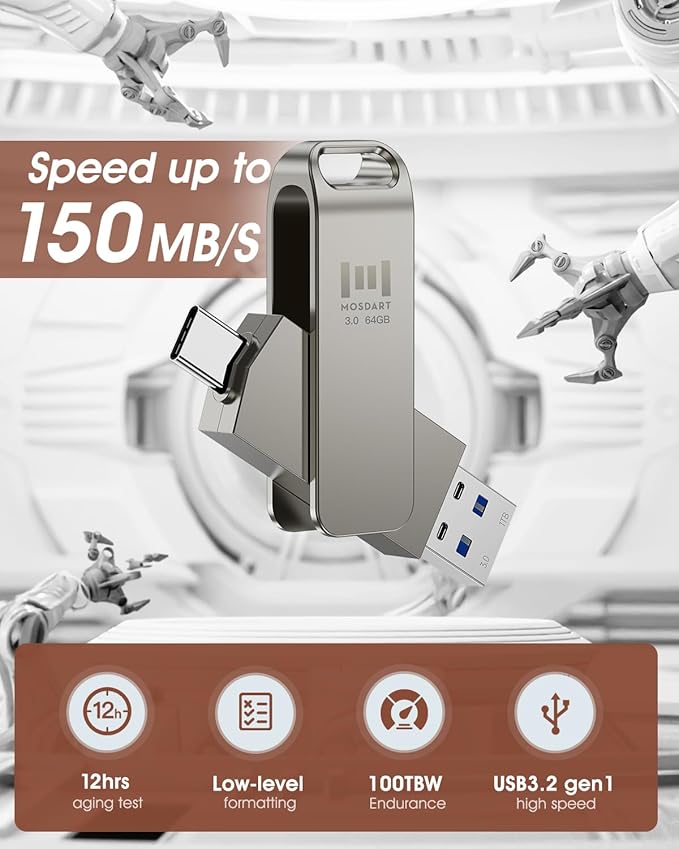 MOSDART 64GB USB C 3.2 Fast Speed C and A Dual Flash Drive, exFAT Memory Stick with Keychain Loop, for iPhone 15,16,17, Android Phone, iPad, MacBook, Silver