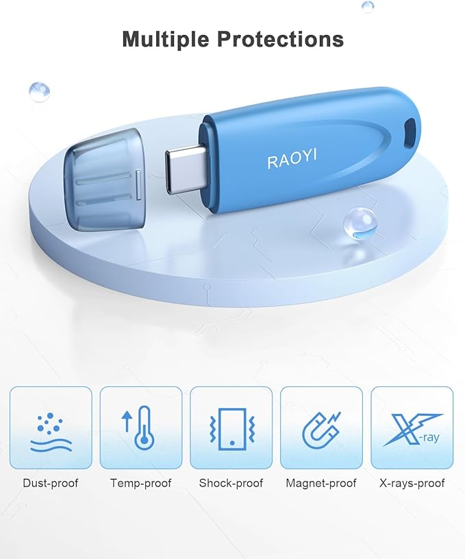 RAOYI 64GB Type-C Flash Drive USB 3.0 USB C Flash Drive Type C Thumb Drive Portable Memory Stick with Keyring Hole High-Speed Pen Drive for Laptop Smartphone Tablet Mac USB-C Devices, Blue