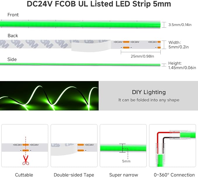 BTF-LIGHTING FCOB COB LED Strip Green Color 5mm Width UL Listed Super Narrow Flexible Uniform Light DC24V 16.4FT CRI 90+ Dimmable LED Ribbon for Bedroom Home Indoor Decor(No Adapter or Controller)