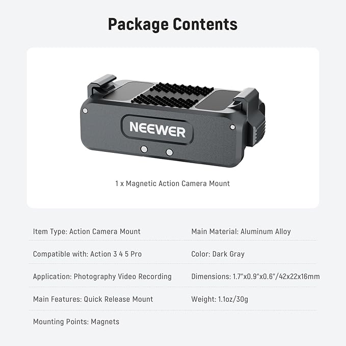 NEEWER Upgraded Magnetic Mount Adapter Compatible with DJI Osmo 360 / Action 5 Pro/4/3, Quick Release Action Camera Mount Vlogging Accessories with 1/4" Tripod Thread, AC011 Dark Gray