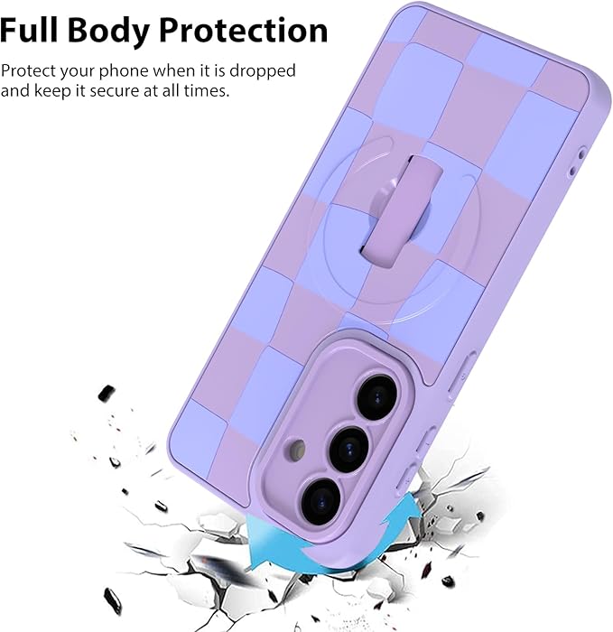 KANGHAR Compatible with Samsung Galaxy S26 Case, Support for MagSafe, Silicone Checkered Cute Pattern, Wristband Kickstand Camera Protection Soft Slim Cover for Girls Women -Purple