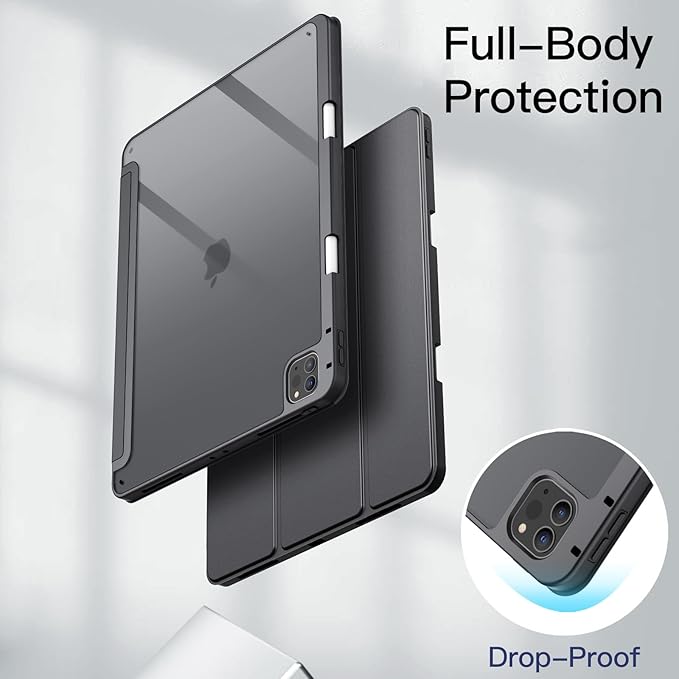 JETech Case for iPad Pro 12.9-Inch (2022/2021/2020/2018) with Pencil Holder, Clear Transparent Back Shell Slim Stand Shockproof Tablet Cover, Auto Wake/Sleep (Space Gray)