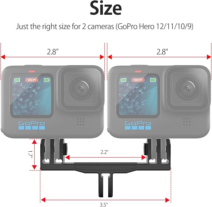 HSU Aluminum Dual Twin Mount Adapter for GoPro Hero 13/12/11/10/9/8/7/6/5/4 DJI Osmo Action AKASO Campark and Other Action Cameras
