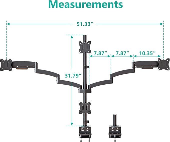 WALI Quad Monitor Mount for 13-27 inch Screens, Extra Tall 4 Monitors Desk Mount, up to 19.8lbs, 32.2 inch Height Max, Fully Adjustable 4 Monitor Arms, VESA 75/100mm (GSDM004S), Black