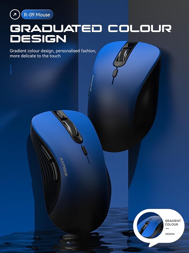 RAPIQUE Bluetooth Wireless Mouse - Dual Bluetooth & 2.4 GHz USB Receiver, Comfortable Grip, Quiet Clicks, Low Power - Multi-Device Compatibility for Laptop, MacBook, Computer, ipad(Gradient Blue)