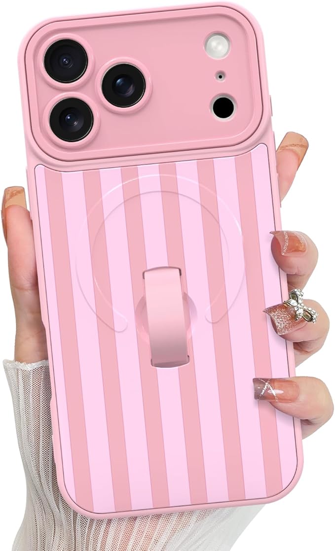 KANGHAR Compatible with iPhone 17 Pro Max Case, Support for MagSafe, Silicone Stripes Cute Pattern, Wristband Kickstand Camera Protection Soft Slim Cover for Girls Women -Pink