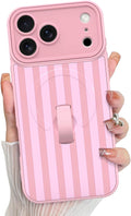 KANGHAR Compatible with iPhone 17 Pro Case, Support for MagSafe, Silicone Stripes Cute Pattern, Wristband Kickstand Camera Protection Soft Slim Cover for Girls Women -Pink