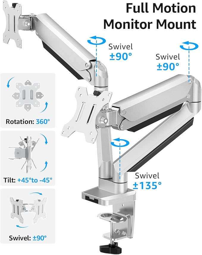 MOUNTUP Dual Monitor Desk Mount, Die-Cast Aluminum Fully Adjustable Double Monitor Arm, Computer Monitor Stand Fits 2 Screen 17 to 32 inch - Each Arm Holds 4.4-19.8LBS, MU0024