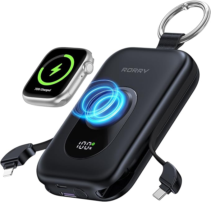 RORRY CharmGo Portable Charger, 20000mAh PD 30W Portable Charger Power Bank with 2 Built-in Cables, Fast Charging Battery Pack with Keychain, Travel Essentials for iPhone, Apple Watch, iPad, Black