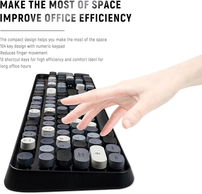 Wireless Keyboard and Mouse Combo, Retro Typewriter Style Round Key Keyboard, 2.4GHz Aesthetic Cute Bubble Full Size Keyboard with Number Pad for PC Computer Laptop Desktop–Black Grey Colorful