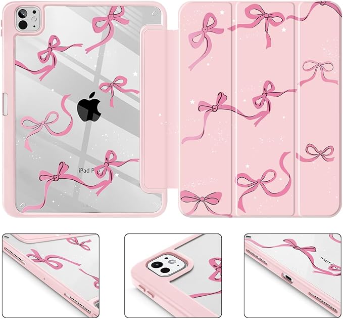 May Chen for iPad Pro 13 Inch Case M5 2025 / M4 2024, Built Pencil Holder & Clear Transparent Print Back Shell Slim Stand Shockproof Tablet Cover, Auto Wake/Sleep, Pink Bows