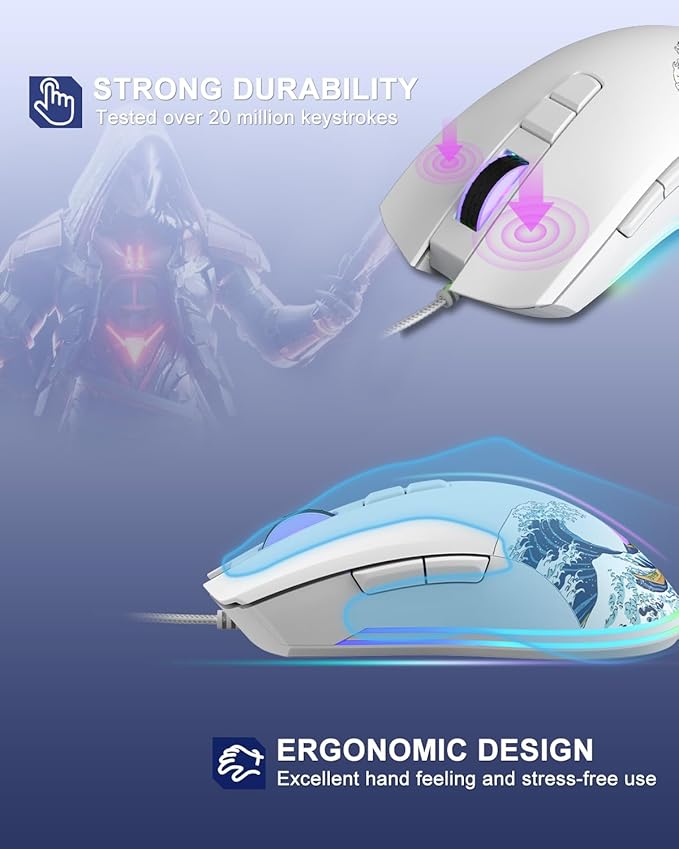 COSTOM Womier G705 USB Wired Gaming Mouse for PC Computer Windows Mac Laptop, Lightweight Silent RGB Backlit Mouse with Adjustable 12000DPI/7 Programmable Side Buttons,White Kanagawa Theme