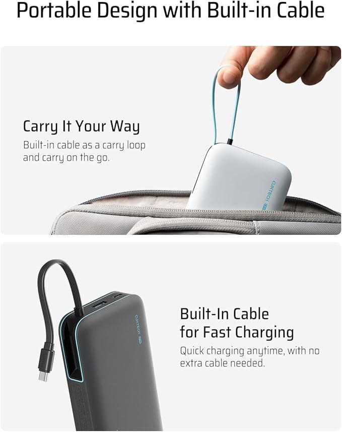 CUKTECH 45W Power Bank 20000mAh, Portable Travel Charger Built-in USB C Cable, Fast Charging Battery Pack for iPhone 16/15/14/13, iPad, Samsung Galaxy, Google Pixel, Android and More (Gray)