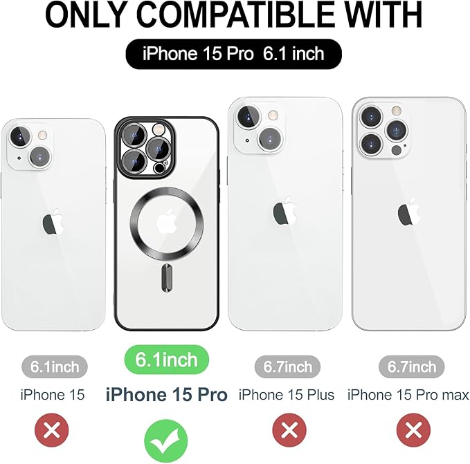 Hython Magnetic Clear for iPhone 15 Pro Case with Camera Lens Protector [Compatible with MagSafe] Luxury Plating Edge Slim Soft TPU Cover Protective Phone Case for iPhone 15 Pro 6.1", Black
