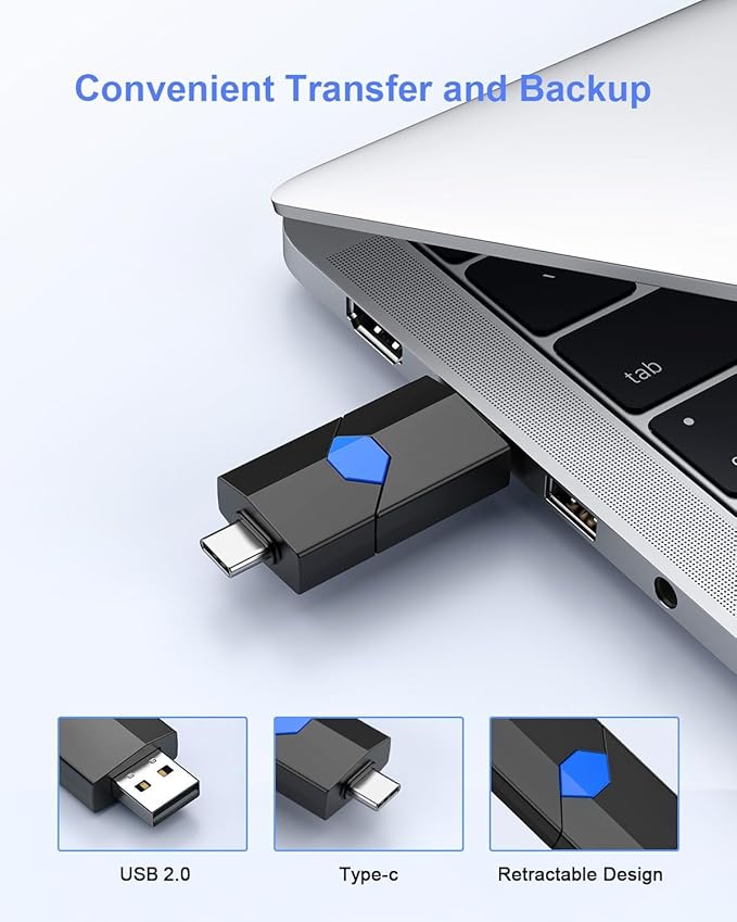 JUANWE 64GB USB Flash Drive 2.0 Type C + USB A Thumb Drive Retractable Dual Flash Drive Type C Memory Stick 2 in 1 Jump Drive for iPhone, iPad, Android Phones, Tablet, Laptop, Computers
