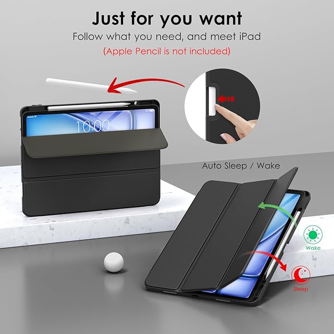 DTTO for iPad Air 13 Inch Case M4/M3/M2 2026/2025/2024, iPad Pro 12.9 Inch Case (6th/5th/4th/3rd Gen), Smart Slim Trifold Stand Soft Cover with Pencil Holder, Black