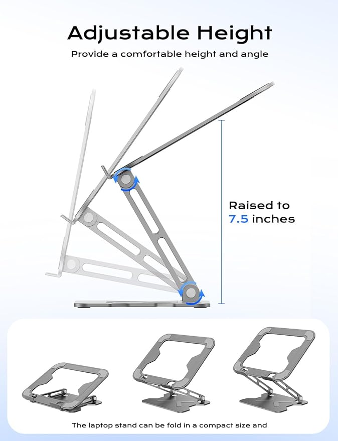 JCZT Foldable Laptop Stand for Desk, Adjustable Height Ergonomic Computer Stand, Portable Laptop Riser for MacBook Air Pro, All 10-16'' Notebooks Laptops, Grey