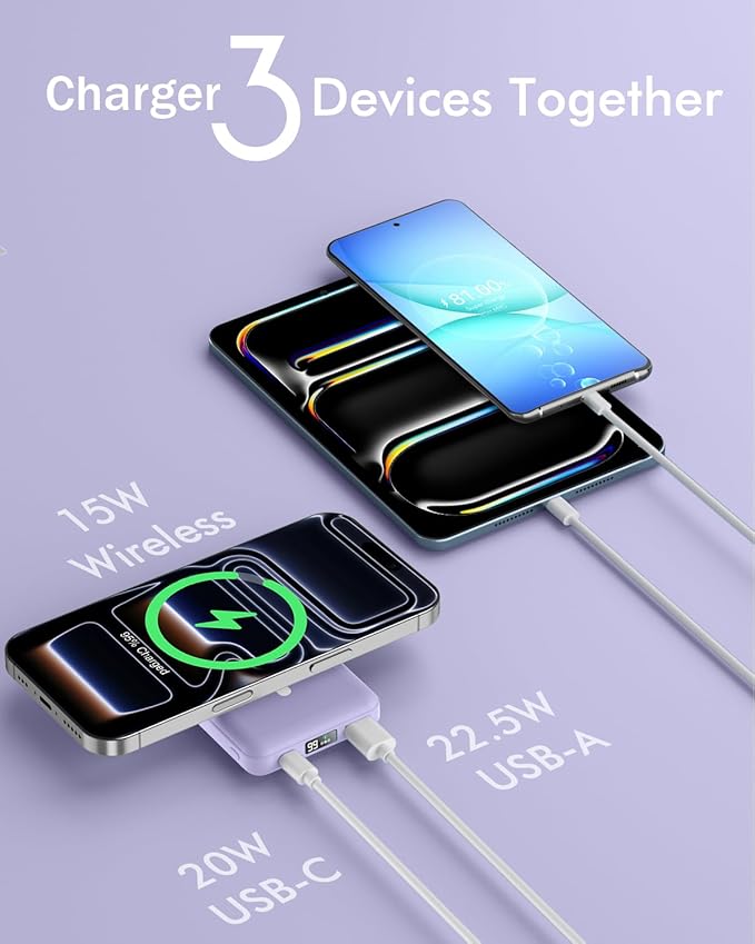 podoru for Magsafe Battery Pack, Foldable 10000mAh Magnetic Power Bank with USB-C Cable LED Display 22.5W PD Fast Charging Wireless Portable Charger for iPhone 17/16/15/14/13/12 Series-Light Purple