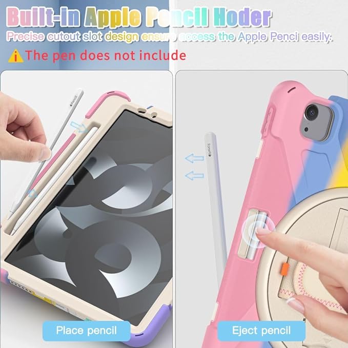 BRAECNstock Kids Case for iPad Air 11 inch (M4/M3/M2)/ Air 5th/4th Gen 10.9"/ Pro 11 inch 4th/3rd/2nd/1st Gen, Shockproof with Screen Protector, Pencil Holder, Rotating Hand Strap+Stand, Colorful Pink