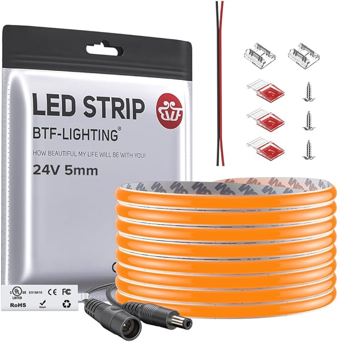 BTF-LIGHTING FCOB COB LED Strip Orange Color 5mm Width UL Listed Super Narrow Flexible Uniform Light DC24V 16.4FT CRI 90+ Dimmable LED Ribbon for Bedroom Home Indoor Decor(No Adapter or Controller)