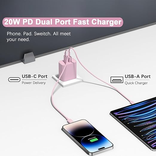 USB C Charger Block, iPhone 16/15 Charger Block [3 Pack] 20W Dual Port QC+PD 3.0 Power Adapter Multiport USB A Fast Charging Plug for Apple iPhone 16/16 Pro/16 Pro Max/16 Plus/15/14/13/12/11/iPad-Pink