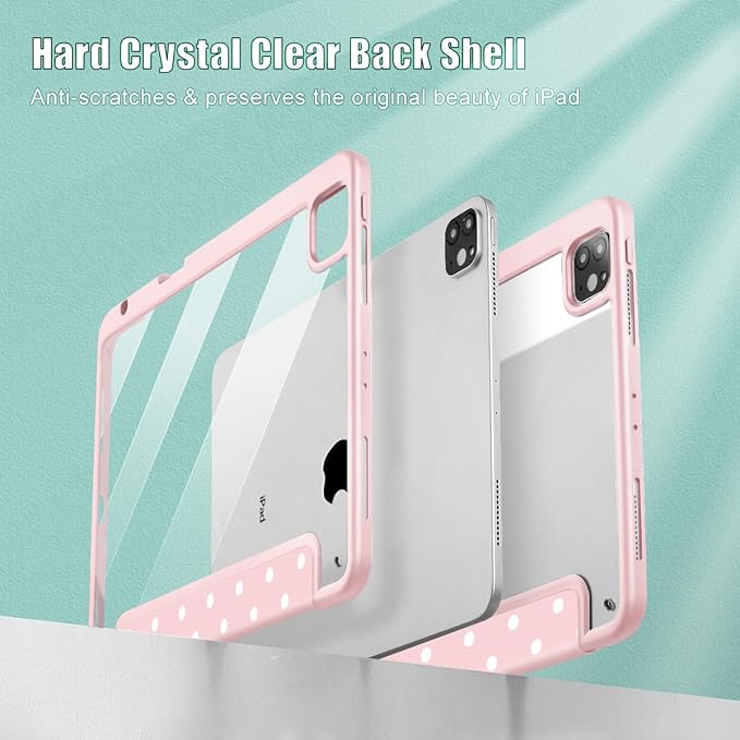 Tuiklol for iPad Pro 11 Inch 4th / 3rd / 2nd / 1st Gen (2022 2021 2020 2018) Case -Built-in Pencil Holder Shockproof Cover Clear Transparent Back Shell with Auto Wake/Sleep, Spot-Pink