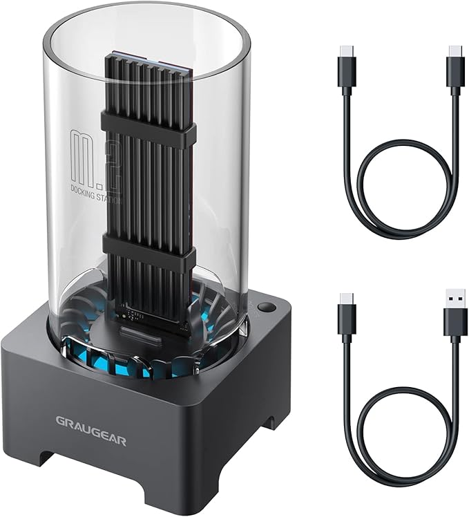 GRAUGEAR M.2 NVMe SATA PCIe SSD Enclosure Adapter Docking Station with Cooling Fan, USB3.2 Gen2 10Gbps M.2 SSD External Case USB C, Support UASP and Trim, M2 NVMe NGFF M Key B+M Key, RTL9210B Chipset