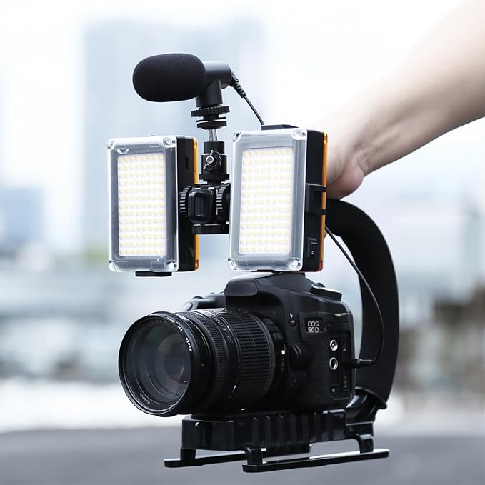 PULUZ U/C Shape Portable Handheld Bracket Stabilizer Kits Handle Grip + LED Studio Light + Video Microphone Kit with Cold Shoe Tripod Head for All SLR Cameras and Home DV Camera Smartphones