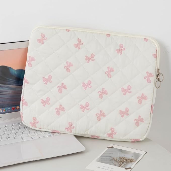 Cutecore Bow Puffy Quilted Laptop Sleeve Y2K Preppy Tablet Protective Case Girly Coquette Aesthetic Notebook Pouch (Pink,13 inch)