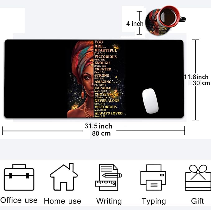 Large Mouse Pad, 31.5 x 11.8in Extended Gaming Mouse Pad with Stitched Edges,XXL Mousepad Protector Non Slip Rubber Base for Office Home Writing Mat, African American Women Black Girl Black Desk Mat