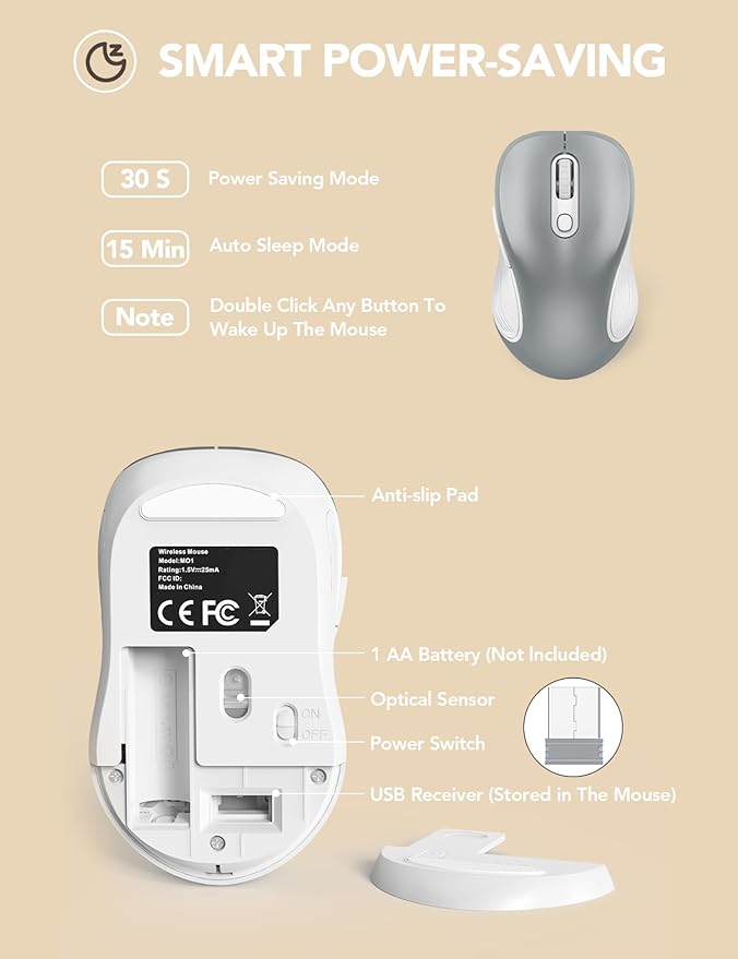 Trueque Wireless Mouse for Laptop, 2.4GHz Ergonomic Computer Mouse with Back & Forward Buttons, 3 Adjustable DPI Levels, 6 Buttons, Optical USB Cordless Mice for Windows PC, M01 (Silver Grey)
