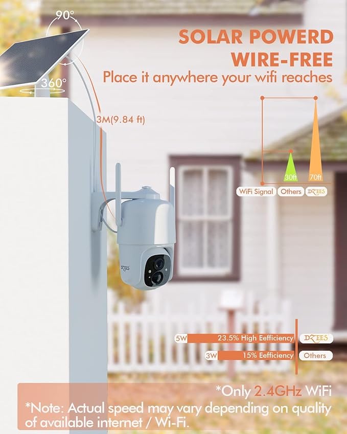 Dzees Solar Security Cameras Wireless Outdoor, 2K Battery Powered Security Camera, 360° PTZ Camera with Spotlight, Siren, Color Night Vision, AI Dectection, IP66 for Home Security, 2.4GHz 4-Pack