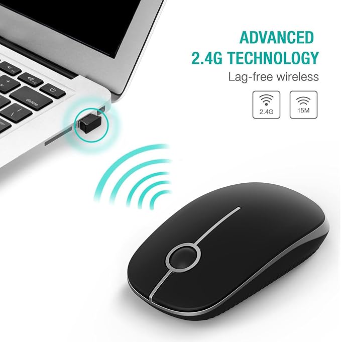 Unipows Wireless Mouse - 2.4G Slim Portable Computer Mouse with Nano Receiver, Less Noise Mobile Optical Mice for Notebook, PC, Laptop, Computer, Mac (Black and Silver)